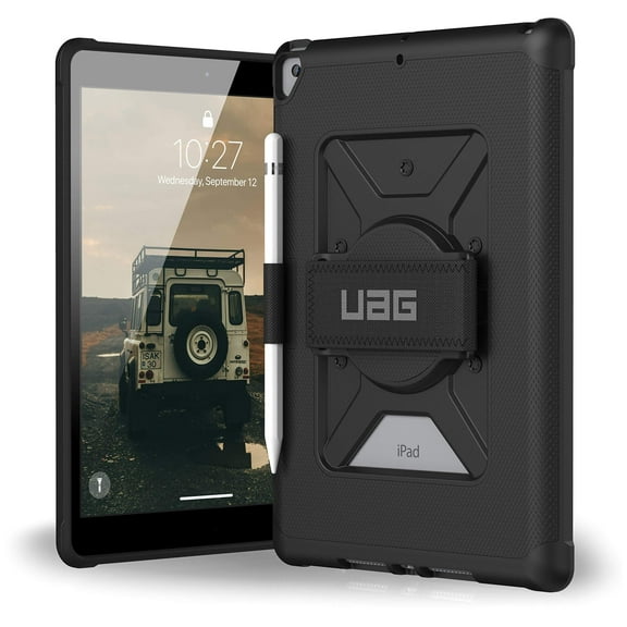UAG iPad 10.2 Case Black 9th Generation 2021 & 8th Gen 2020 w/ Hand Strap Thin Slim Durable Protective Cover w/ Pencil Holder & Asset Tag Window, Metropolis Series