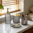 thumbnail image 2 of Haturi 4-Piece Gray Glass Bathroom Accessories Set with Gold Accents, Modern Diamond Texture Soap Dispenser, Toothbrush Holder, Jar, and Tray, 2 of 7