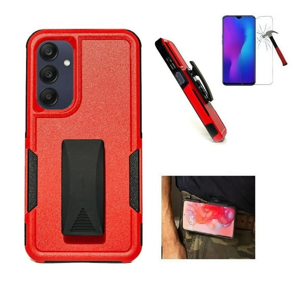 Compatible Case for Samsung Galaxy A17 5G/ Samsung Galaxy A26 5G, Red Shockproof 360° Rotating Belt Clip Case Cover with Kickstand Tempered Glass