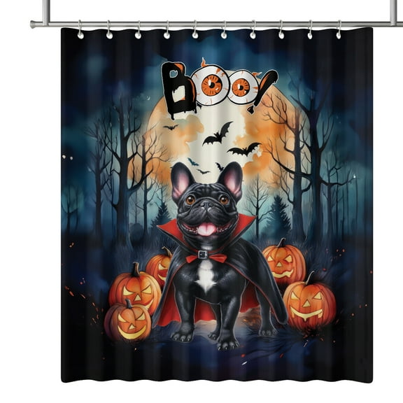 Happy Halloween Vampire French Bulldog BOO with Pumpkins Fun and Spooky Shower Curtain Dog Lover Gifts Waterproof Bathroom Bathtub Curtain - 00018