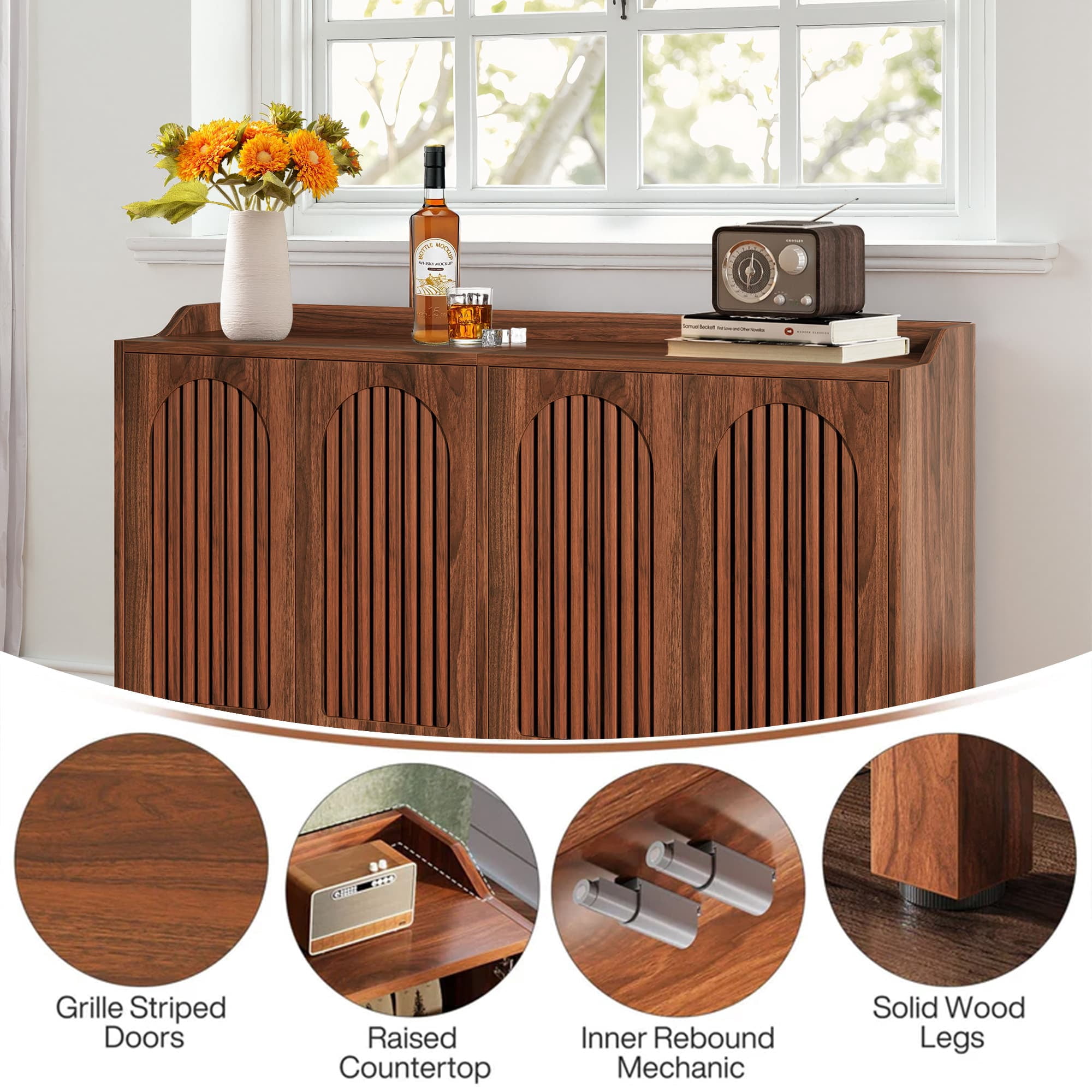 MAYEERTY 57" Farmhouse Sideboard Buffet Cabinet, Vintage Shutter Door Storage Credenza with Adjustable Shelf, Solid Wood Leg Coffee Bar Cabinet