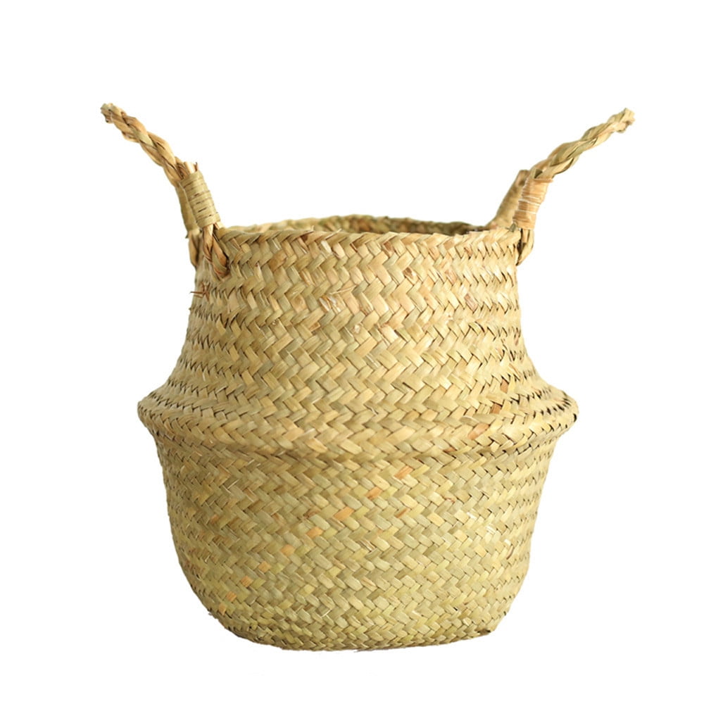 Basket Rattan Folding Wicker Handle Round Natural Sea Grass Plant Storage WoodJP 