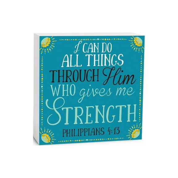 All Things Through Him Soft Teal 5 x 5 Wood Tabletop Sign Plaque