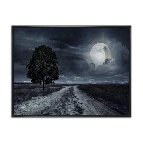 Designart 'A Full Moon Over Paved Road' Nautical & Coastal Framed Canvas Wall Art Print