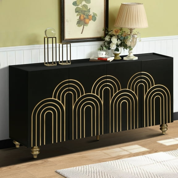 Gzxs 59.8" Buffet Sideboard with Gold Accents, Modern 4-Door Storage Cabinet with Adjustable Shelves for Living Room, Kitchen, or Dining Room (Black)