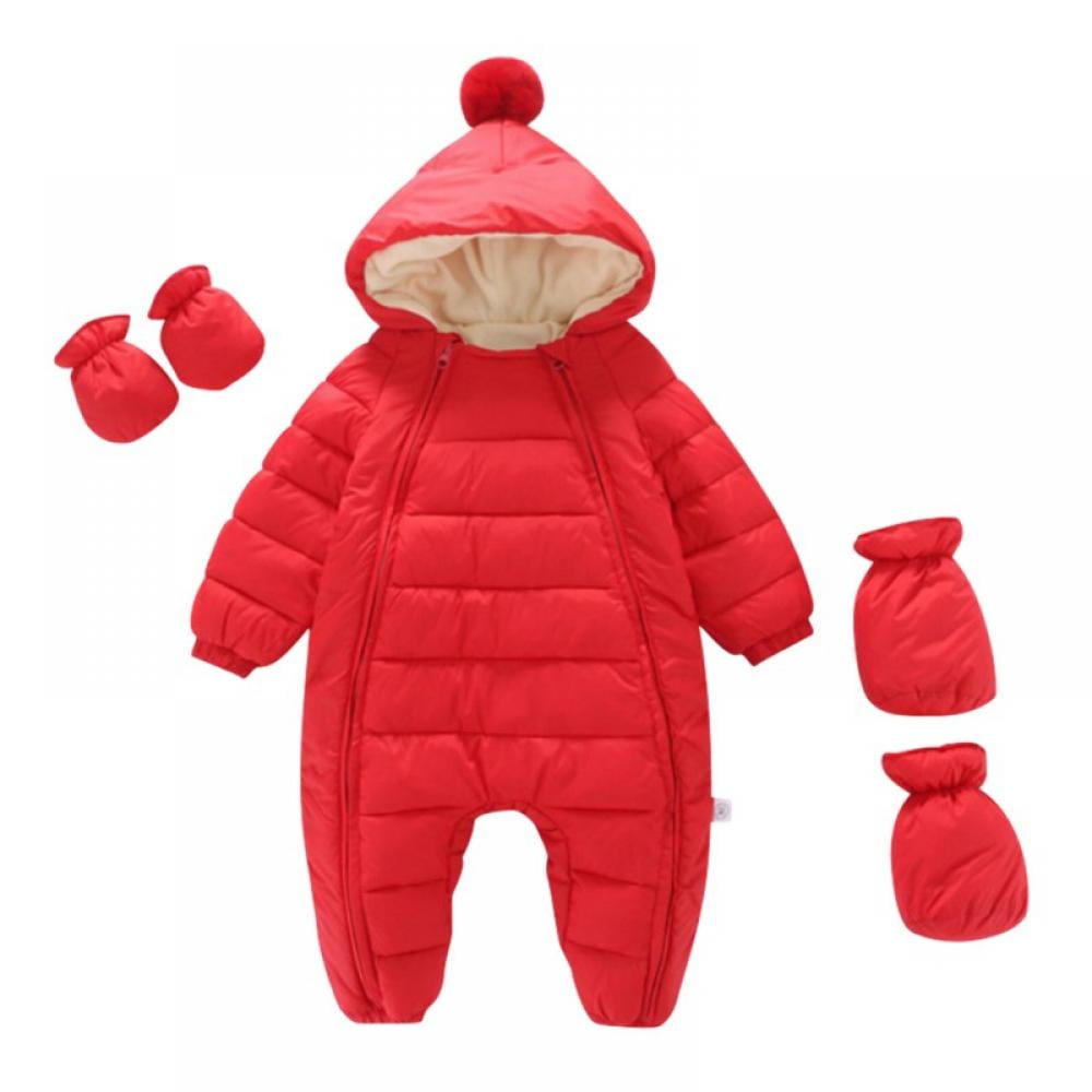 Baby Warm Romper Fleece Lined Puffer Hooded Winter Snowsuit with Mittens Shoes 