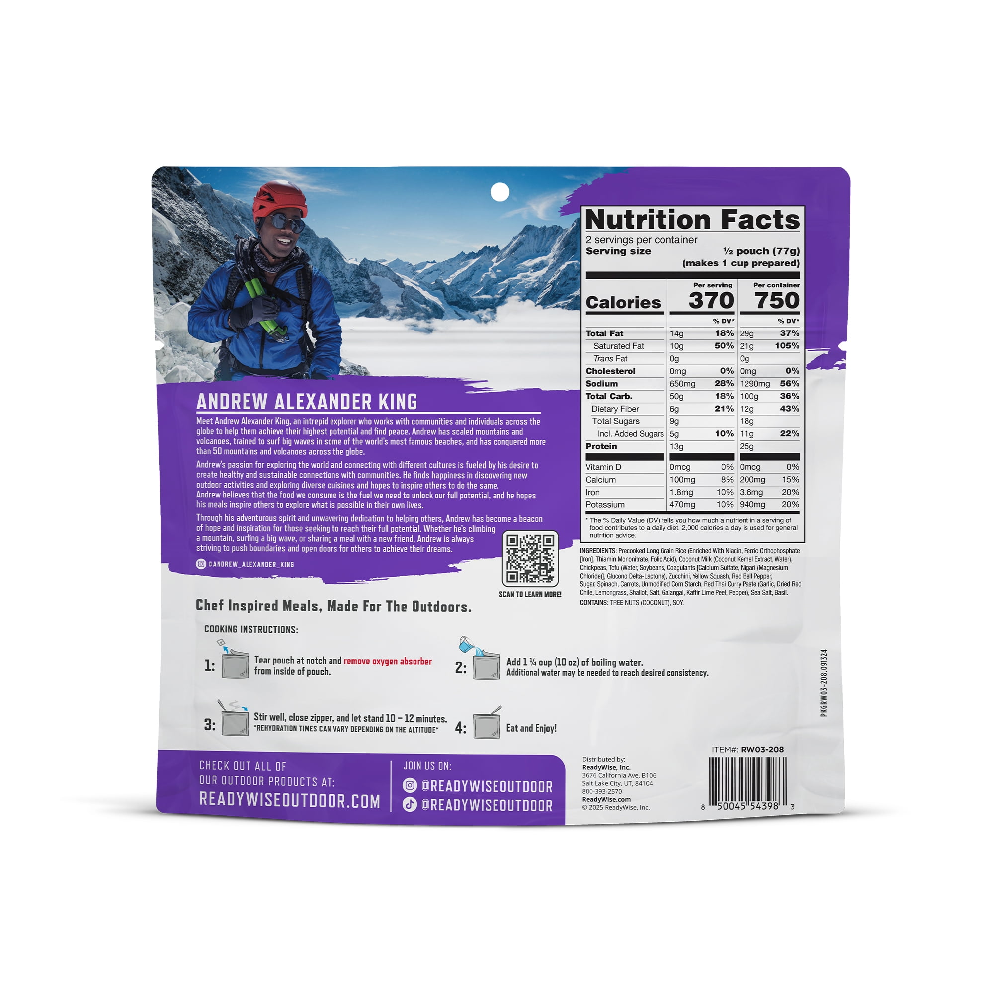 (6 pack) Readywise Outdoor Pro Adventure Meal Thai Style Coconut Curry, Freeze-Dried, 2 Svgs/Pouch