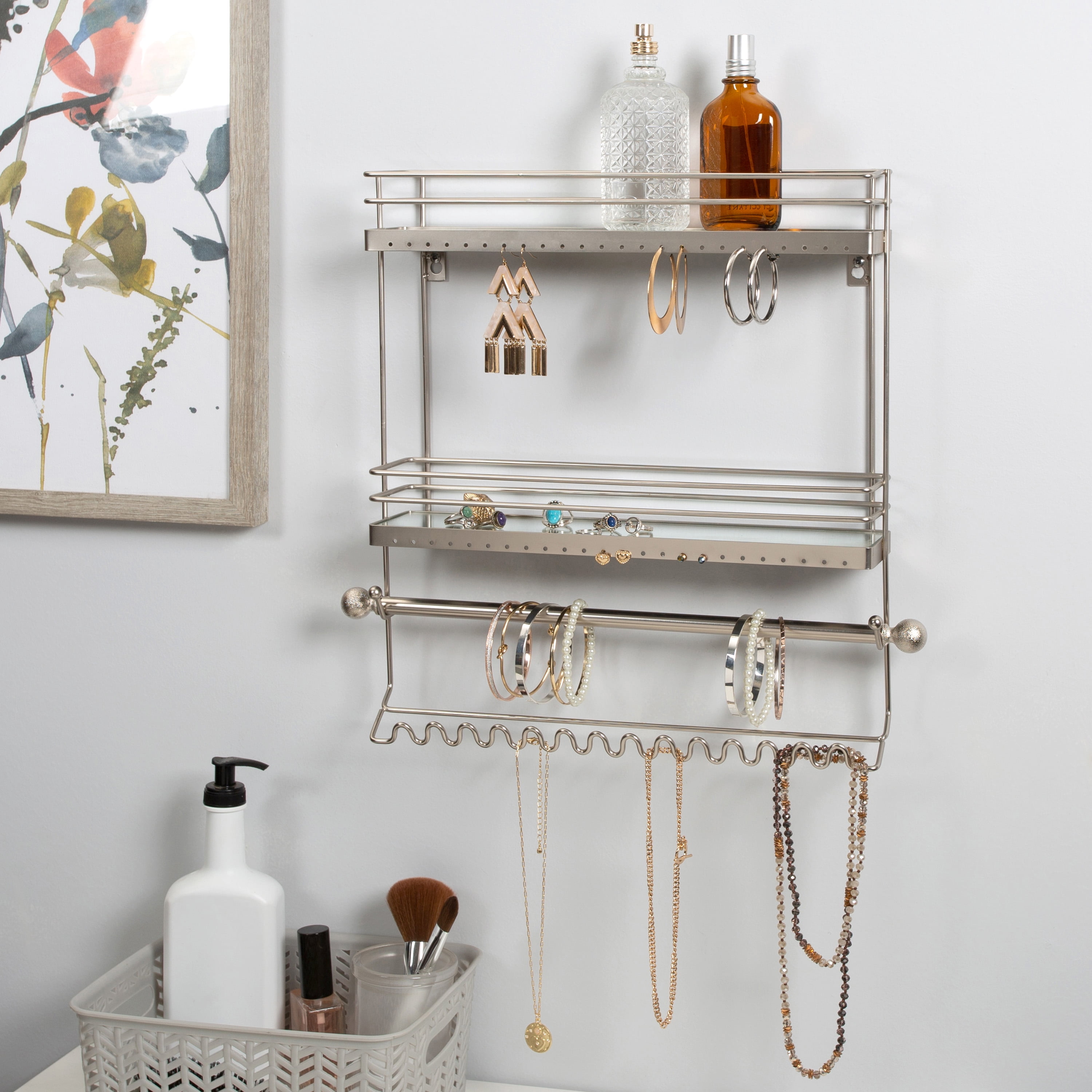 Home Details 2 Tier Wall Mount Steel Jewelry Organizer in Satin