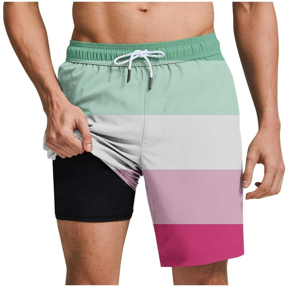 USNSM Men's Striped Color Block Casual Shorts Summer Swim Shorts Drawstring Elastic Waist Beach Short Pants with Pockets Pink L