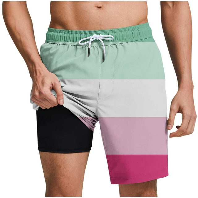 Plebaso Men's Beach Shorts with Compression Liner Elastic Waist Drawstring 2 in 1 Summer Shorts Swimwear