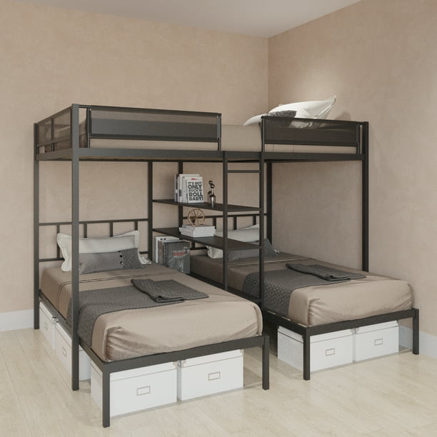 Metal Triple Bunk Bed with Shelves, HSUNNS Twin Over Twin & Twin Triple