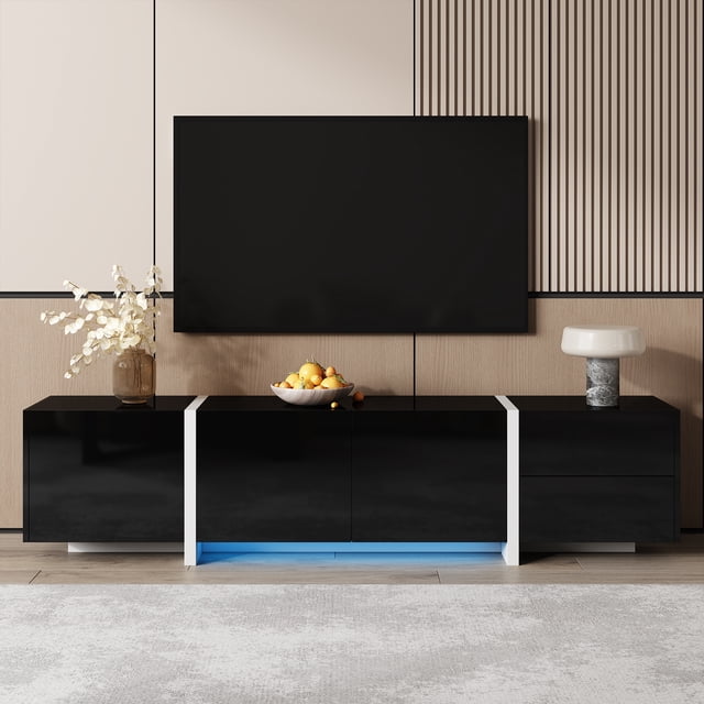 Meuble Télé Moderne, Meuble Télé Noir de 65 70 75 Po pour Salon, Centre de Divertissement avec Rangement, Table Console Télé avec Charnière Ajustable (Noir)