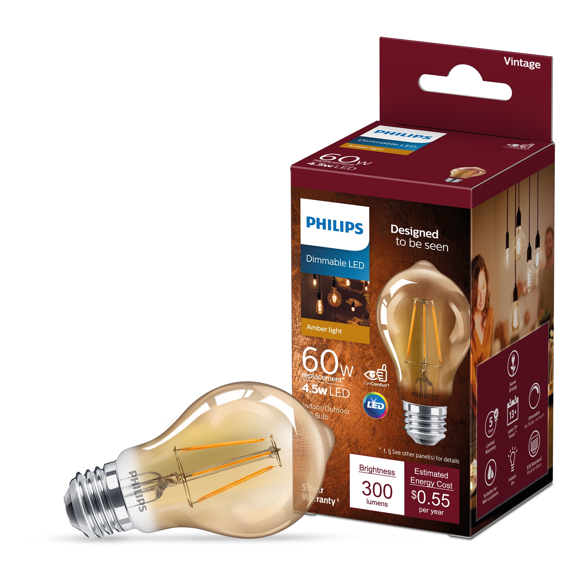 Philips Vintage LED 60W General A19 Filament Lightbulb, Clear Amber, Dimmable, E26 Base (1-Pack): - Walmart.com
