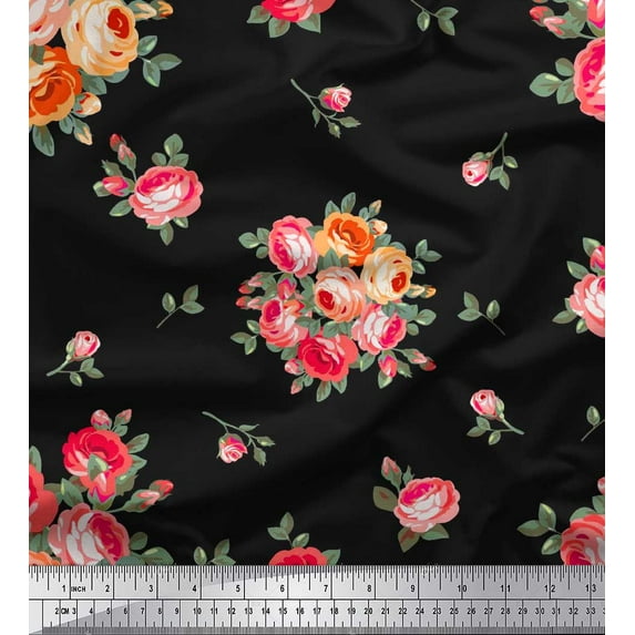 Soimoi Poly Georgette Fabric Leaves & Rose Flower Print Sewing Fabric Yard 42 Inch Wide