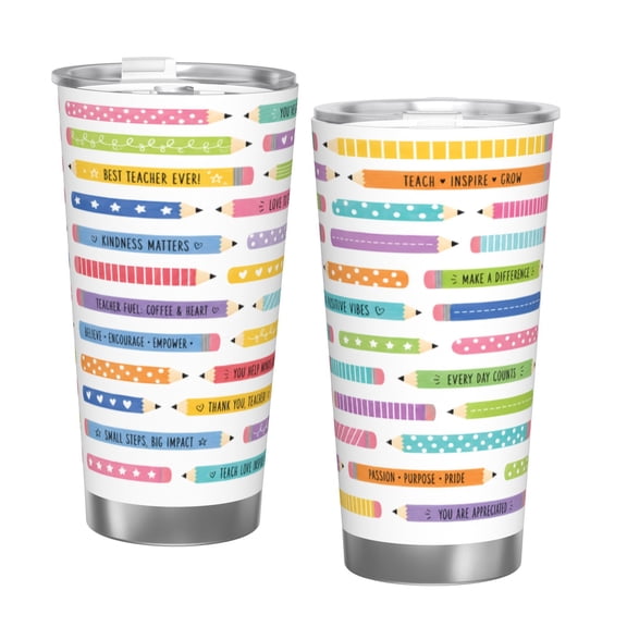 20oz Colorful Teacher Pencil Tumbler with Handle Stainless Steel Insulated Travel Coffee Cup Teacher Gift with Single Silver Rim