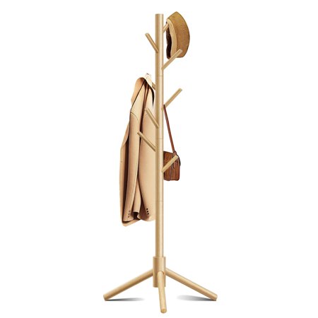 Azaeahom Wooden Coat Rack, Free Standing Coat Rack with 8 Hooks 3 Adjustable Heights for Clothes, Hats, Handbags, Coat Tree Easy Assembly for Entryway, Bedroom, Hallway, Office (New Nature) C33