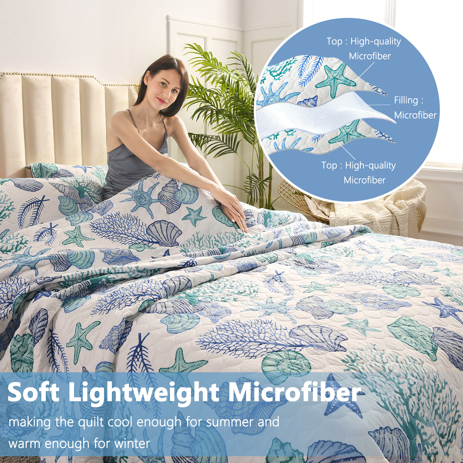 Beartech Ocean Quilt Twin Size Coastal Blue Bedspread Microfiber Cabin Bedding Set