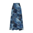 thumbnail image 5 of Mnyycxen Women's Boho Retro Ptinted Denim Skirts Elastic High Waist A-line Maxi Skirt Block Color Pleated Skirt with Pockets, 5 of 5