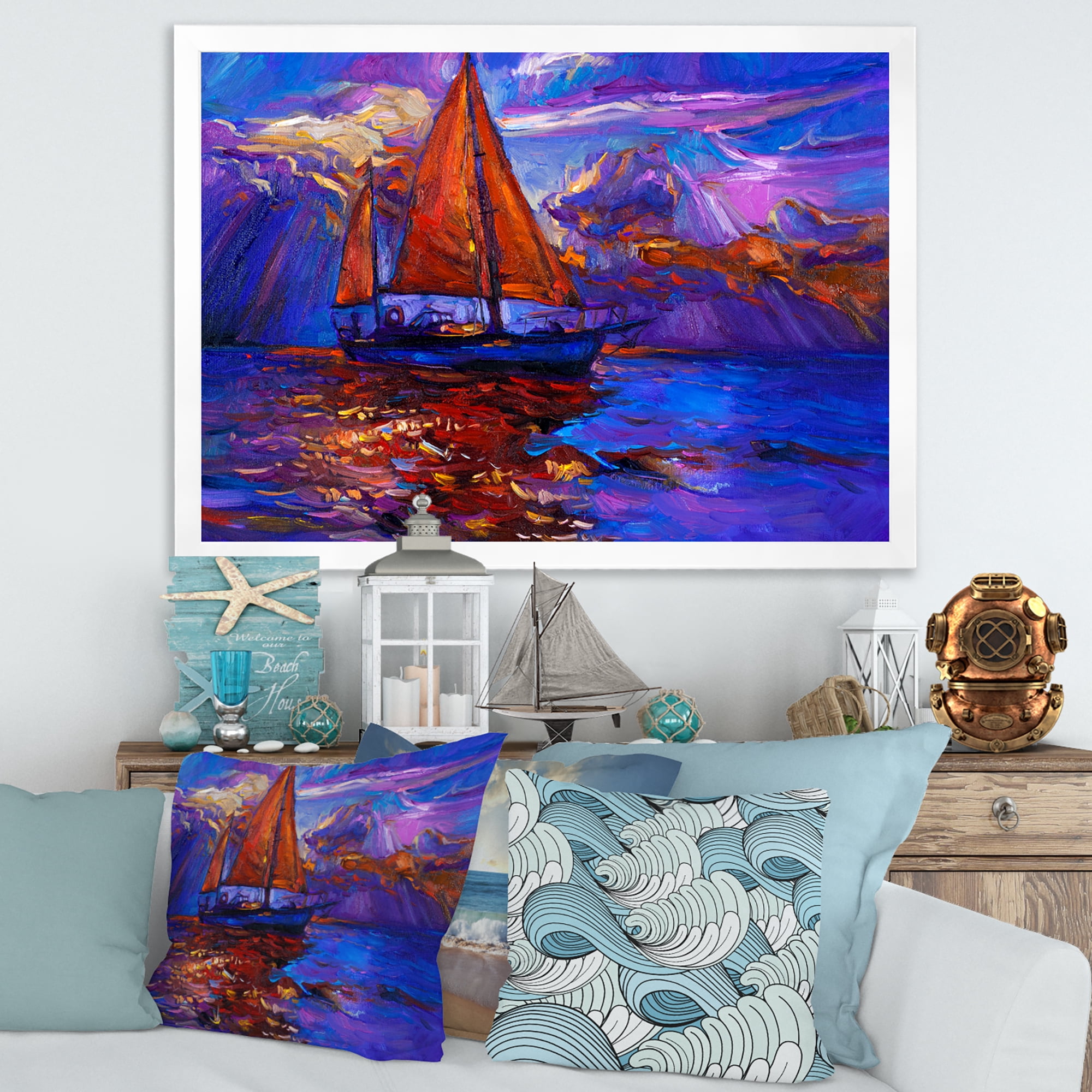 Designart 'Red Sail Ship On Purple Sunset in Blue Ocean' Nautical & Coastal Framed Art Print