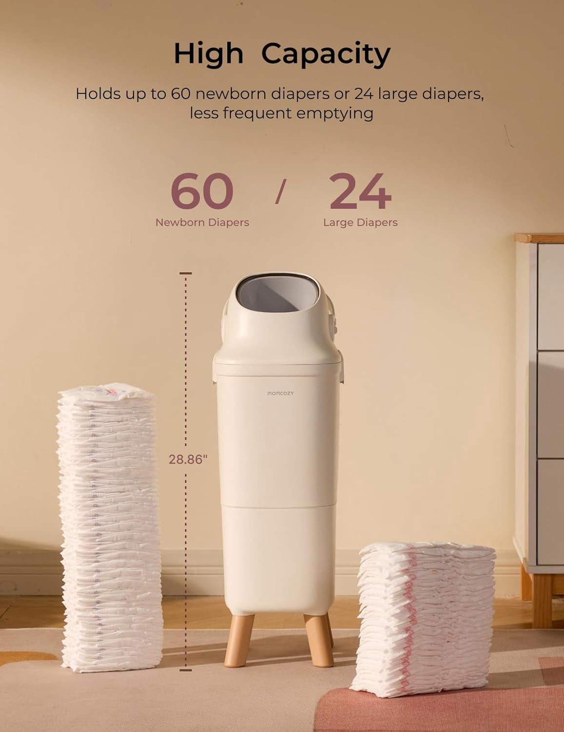 Momcozy Diaper Pail with Patented Triple-Seal Odor Control, Wide Opening, Ergonomic Height, Large Capacity with Viewing Window, Childproof Lock, Fits Standard Trash Bags