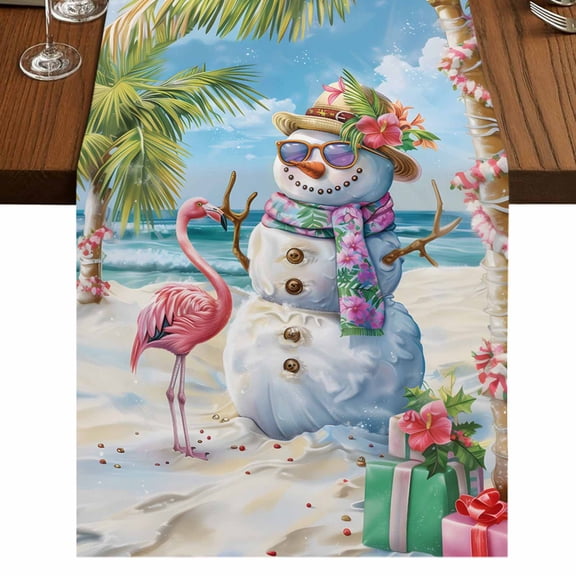 Coastal Snowman Christmas Table Runner 36 Inches Long, Cotton Linen Table Runner Dresser Scarf, Xmas Tree Flamingo Beach Short Fabric Tablerunners for Dining Tables Wedding Holiday Party 13"x36"