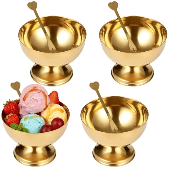 4PCS Stainless Steel Dessert Cups, Gold Metal Dessert Bowls with Forks, Reusable Salad Serving Bowls, Tasting Sauce Cups, Decorative Ice Cream Containers for Party