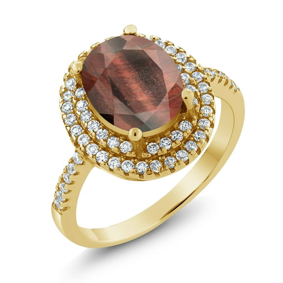 Gem Stone King 2.36 Ct Oval Red Tiger Eye 18K Yellow Gold Plated Silver Ring (Size 5)
