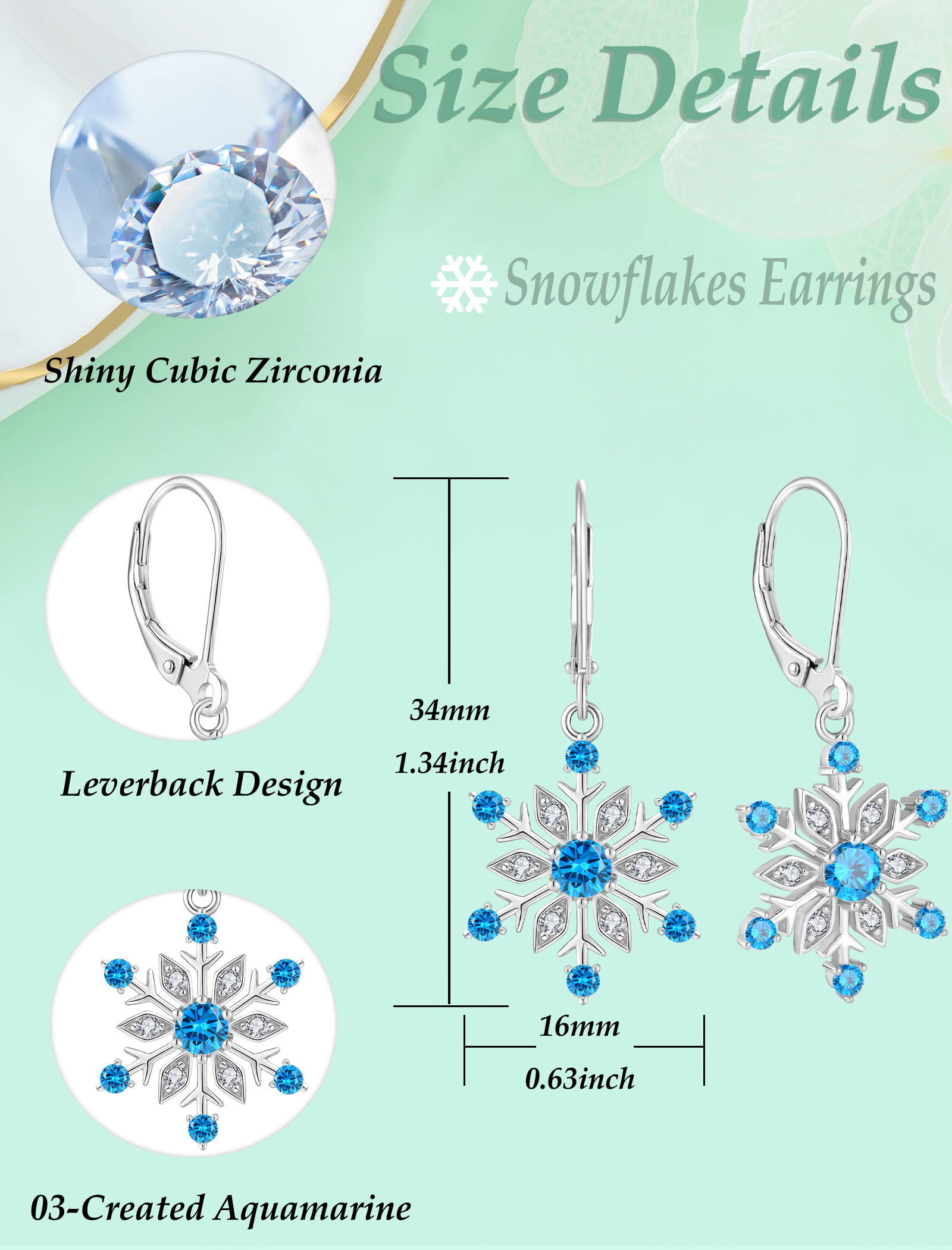 VESITIM Snowflake Earrings for Women 925 Sterling Silver Winter Dangle Drop Earrings Birthstone Created Aquamarine Leverback Jewelry for Christmas Gifts