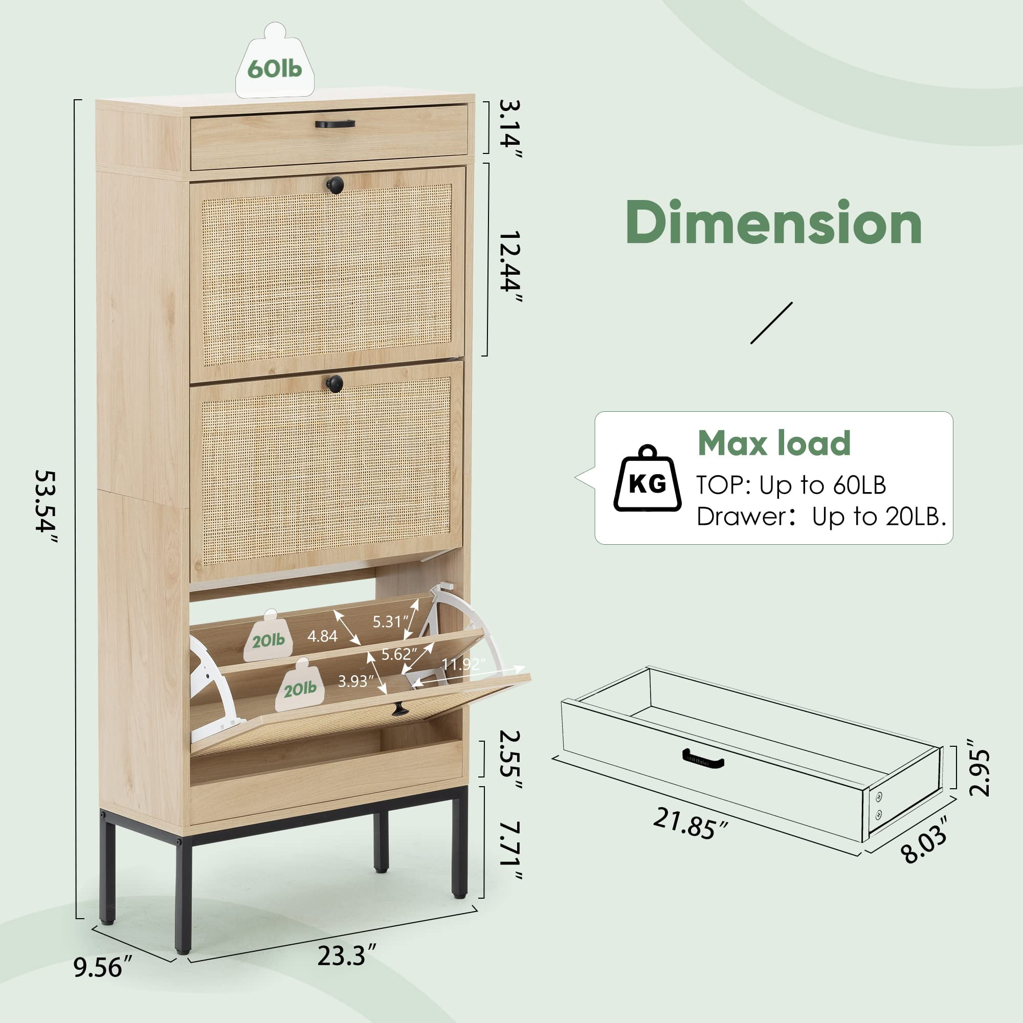 Yechen Boho Strong Wood Shoe Cabinet with Flip Drawers Semi Circular Natural Rattan Doors Walmart