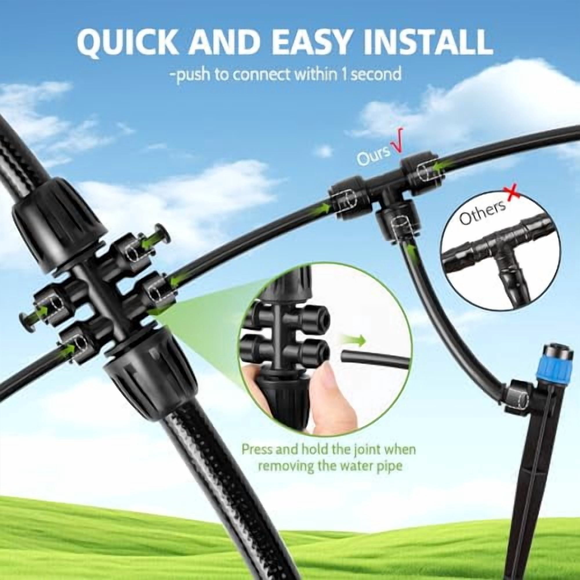 230FT New Quick-Connect Drip Irrigation System Kit, Automatic Garden Watering Misting System for Greenhouse, Yard, Lawn, Plant with 1/2 inch Hose 1/4 inch Distribution Tubing and Accessories