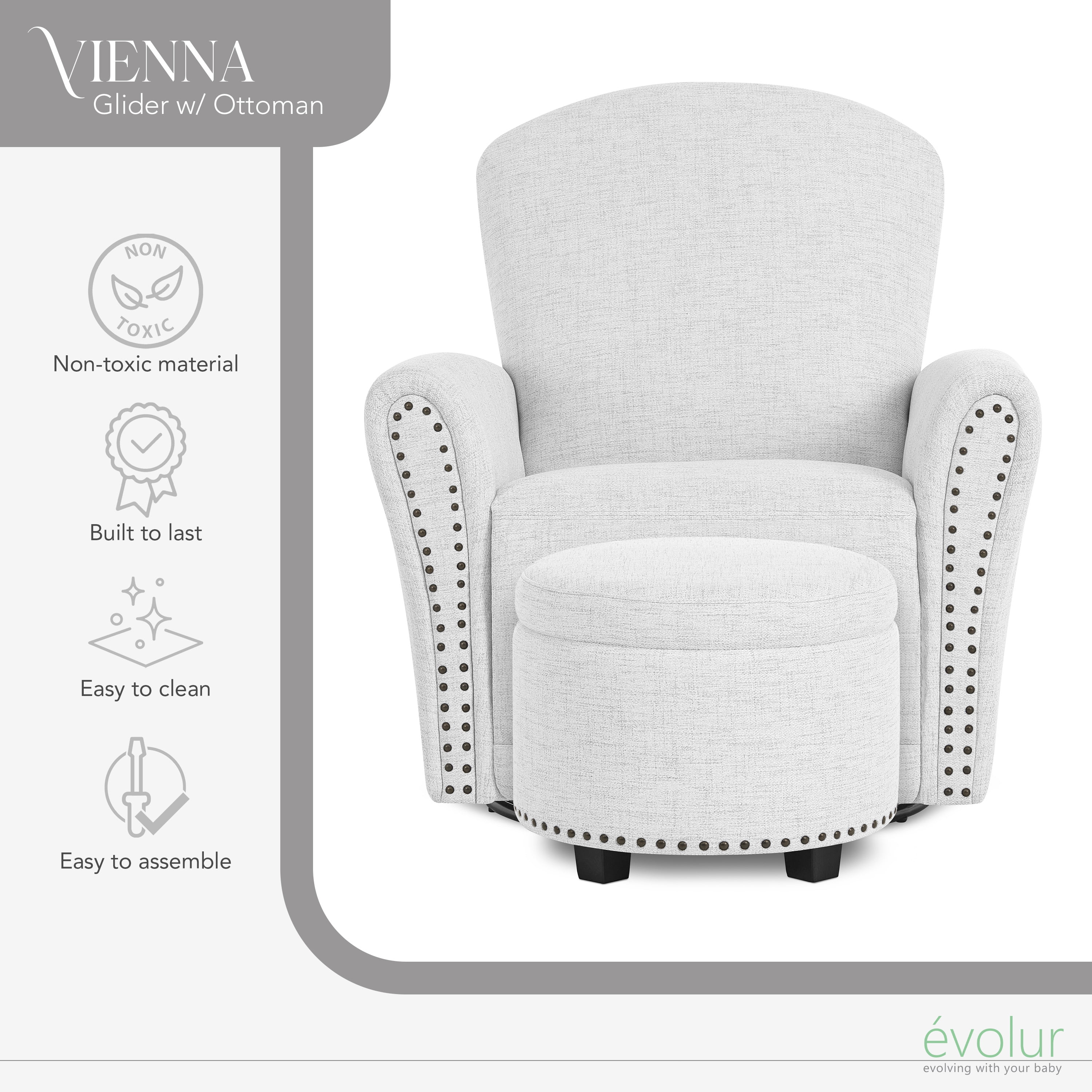 Evolur Vienna Swivel Glider with Ottoman and Nailhead Trim, Greenguard Gold Certified, Made from Sturdy and Sustainable FSC-Certified Wood, Fog Grey
