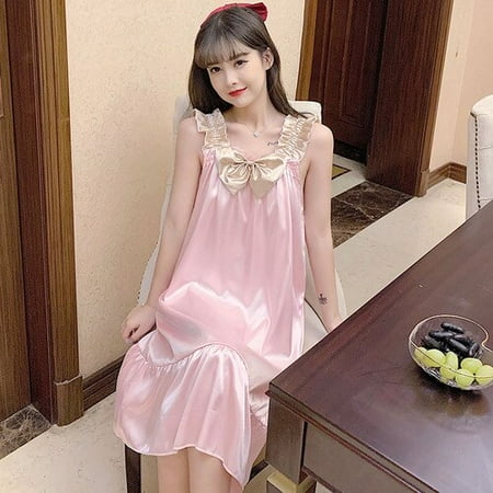 

PIKADINGNIS Home Style Young Girl Rayon Nightdress Knee-Length Spring Summer Vest Sling Women Sleepwear Dress Slash Neck Bow Nightshirt