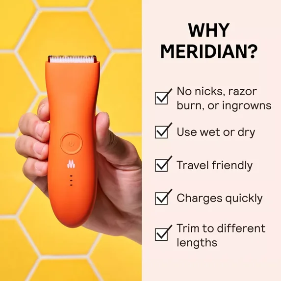 Meridian Trimmer Premium Pubic & Body Hair Trimmer for Men & Women Below-the-Belt Groomer, Ball Trimmer, Bikini Trimmer, Bonus Pouch - Blaze