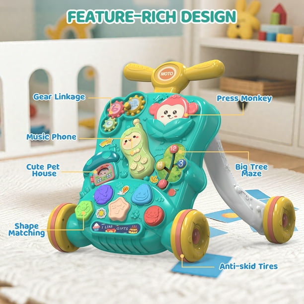 JoyStone Baby Push Walkers, Kids Multiple Activity Center, Lights, Music, Early Learning Push Toys, Toy Gift for Infant Boys Girls, Green