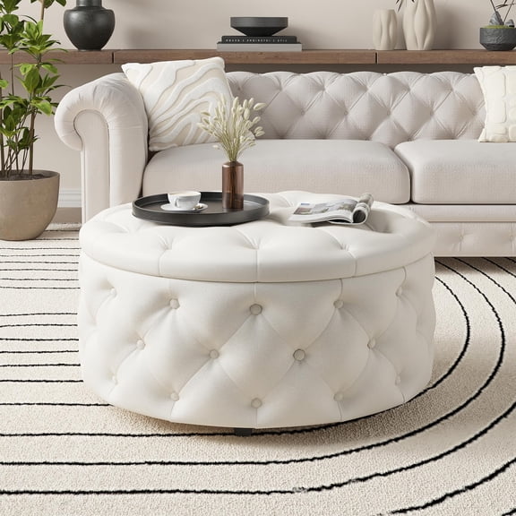 Conate 30" Round Velvet Ottoman with Storage and Wooden Tray for Living Room, Bedroom