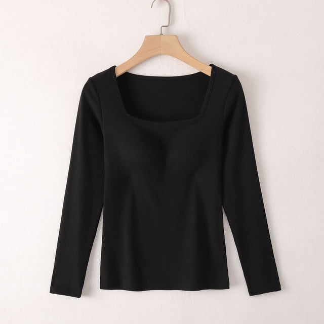 Con almohadilla para el pecho, camiseta de una pieza larga para uso interior, antiexposición, sin aro de acero, copa de cuello cuadrado, manga larga, parte superior e inferior que se puede usar por