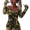 thumbnail image 1 of Gibobby pantalones siameses de pierna ancha Mono con estampado Sexy para mujer, mono con escote en V profundo, manga larga y hombros descubiertos, mono con cordones(Amarillo， XL), 1 of 5