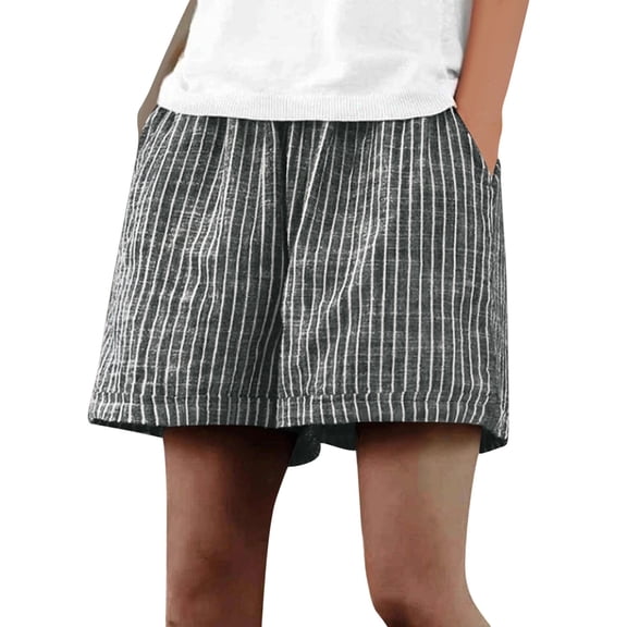 Kvture Women's Casual Wide Leg Shorts with Pockets Vintage Elastic Waist Striped Pattern Short Pants for Women M