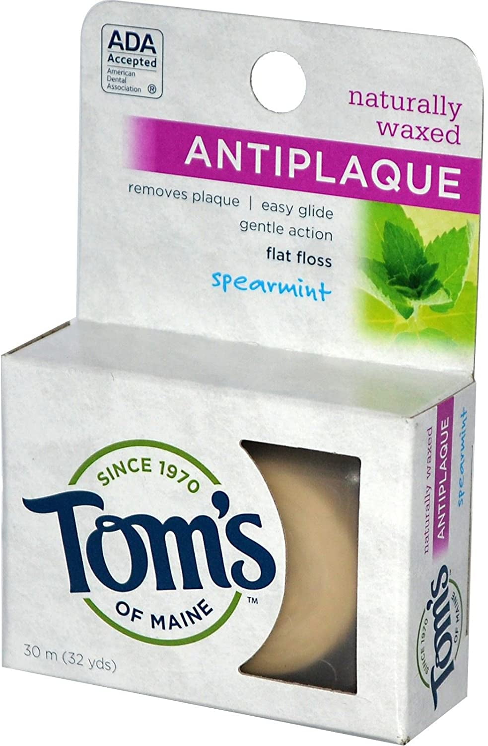Tom's of Maine Naturally Waxed Anti-Plaque Flat Floss Spearmint 32 Yards (Pack of 4)