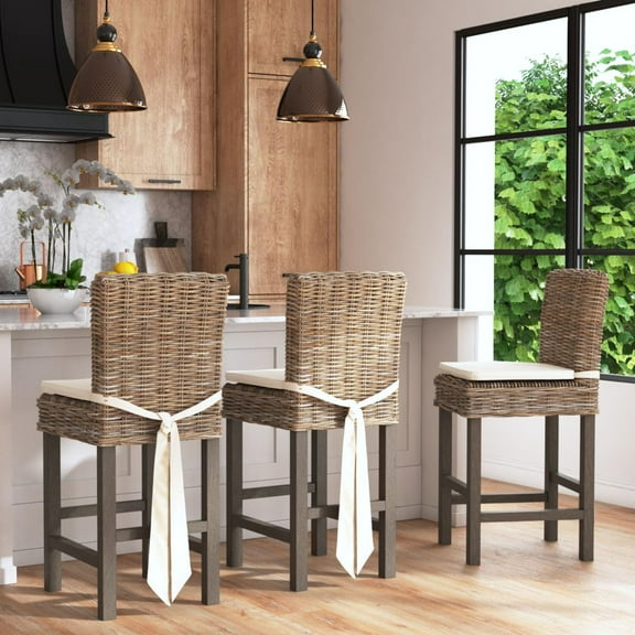 East at Main Coastal Woven Rattan Back Barstools with Detachable Cushion