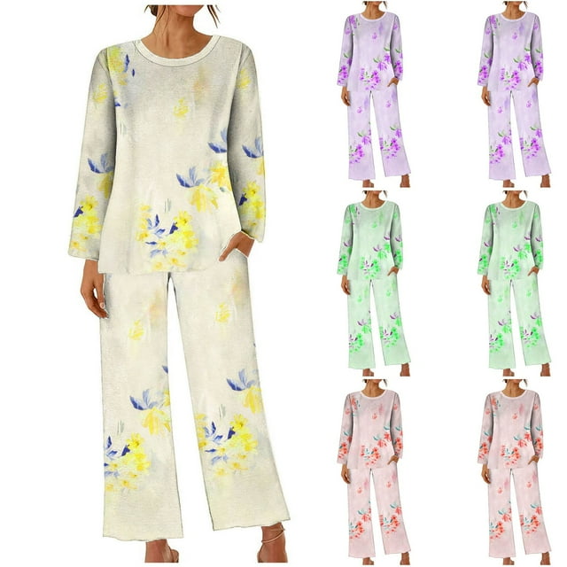 Sentmoon Ensembles de Pyjamas pour Femmes Hauts à Manches Longues pour Femmes et Pantalons pour Femmes Grande Taille Col Ras du Cou Tenue d'Intérieur pour Femmes à Manches Longues Vêtements de Nuit pour Femmes Automne pour le Matin de Noël