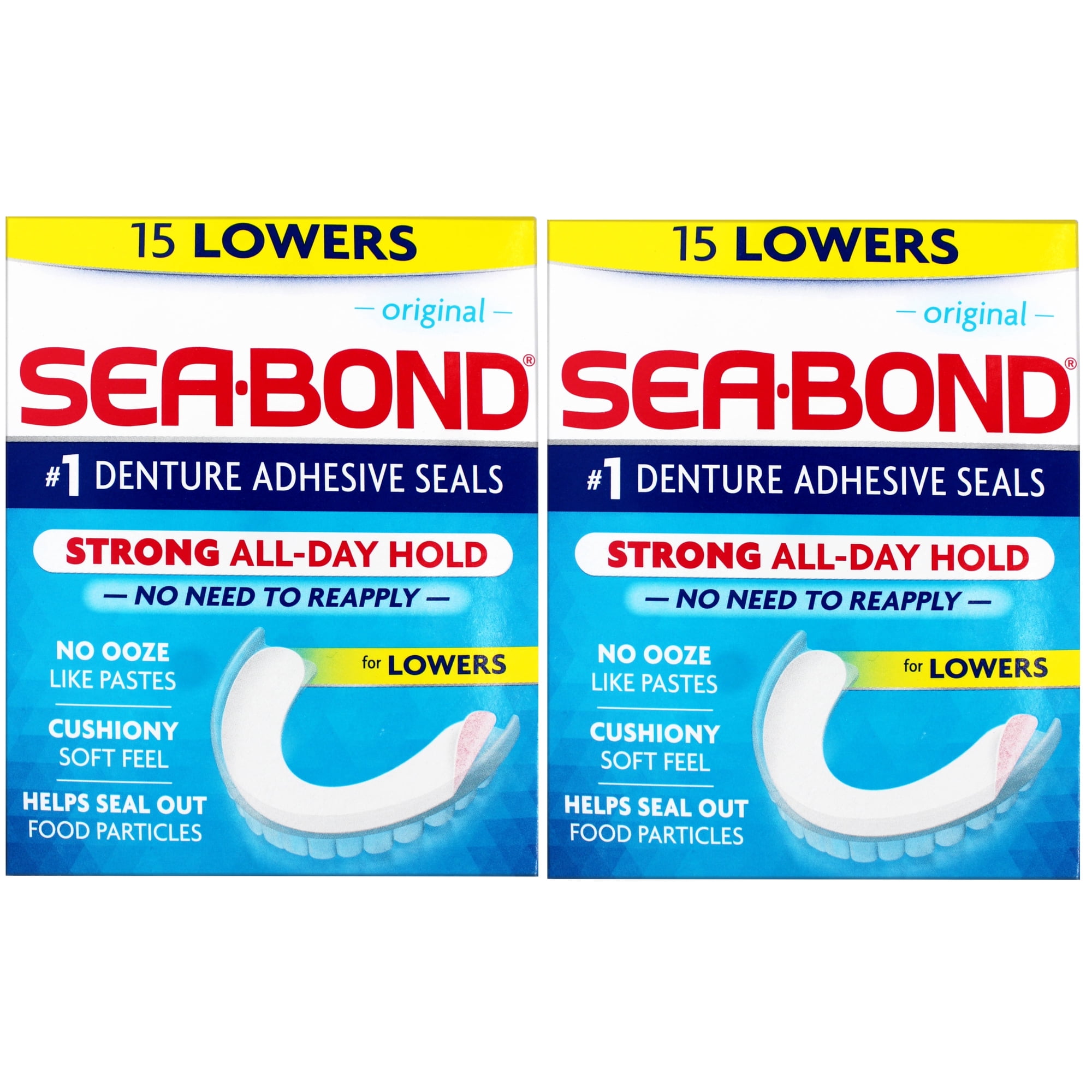 2 Pack - Sea-Bond Secure Denture Adhesive Seals, Original Lowers, Zinc-Free, All-Day-Hold, Mess-Free, 15 Count