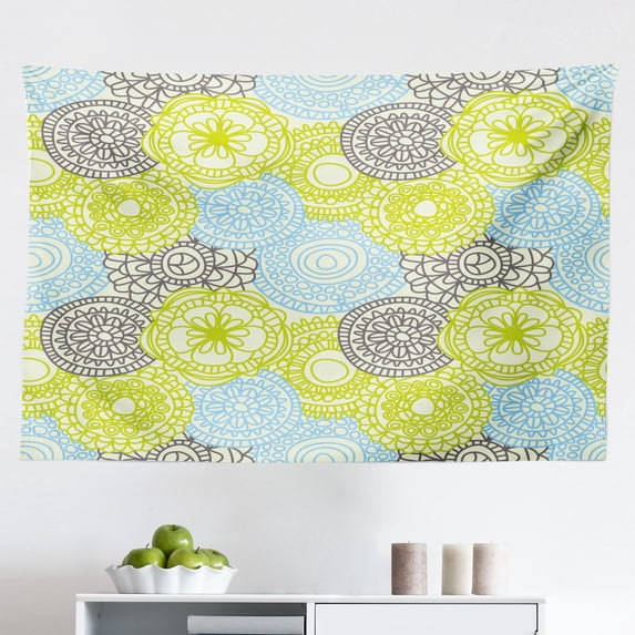 Abstract Tapestry, Retro Stripes and Dots in Watercolor Featured Effects Nostalgic Pattern, Fabric Wall Hanging Decor for Bedroom Living Room Dorm, 2 Sizes, Pale Yellow Coral, by Ambesonne