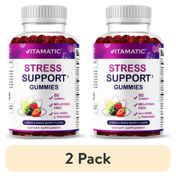 (2 pack) Vitamatic Stress Relief Gummies with GABA, L-Theanine, Lemon Balm – Lemon & Mixed Berry Flavor – 60 Gummies – Vegan, Non-GMO, Gluten-Free