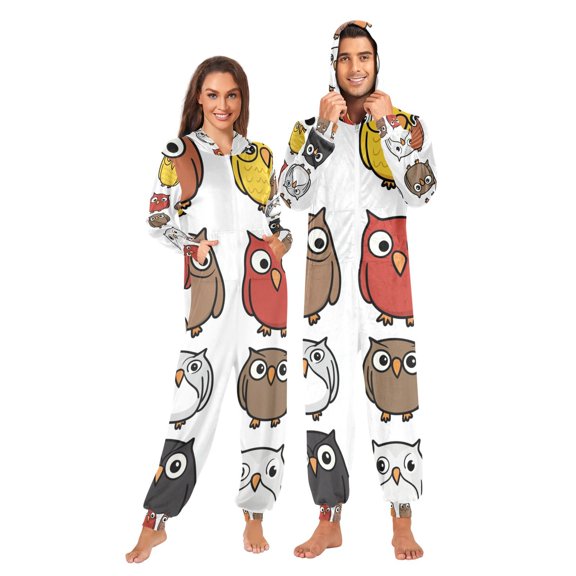 Cartoon Owls Adult Onesie Pajamas Slim Fit Christmas One Piece Suit Pjs for Women and Men Hooded Zipper