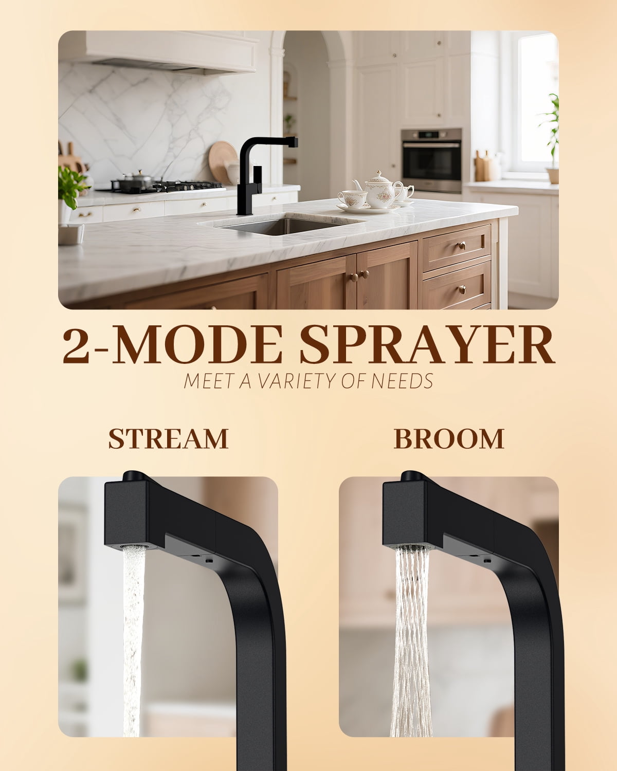 APPASO Square Kitchen Faucet Black, S304 Stainless Steel Modern Sink Faucets with Pull Out Sprayer 2 Modes