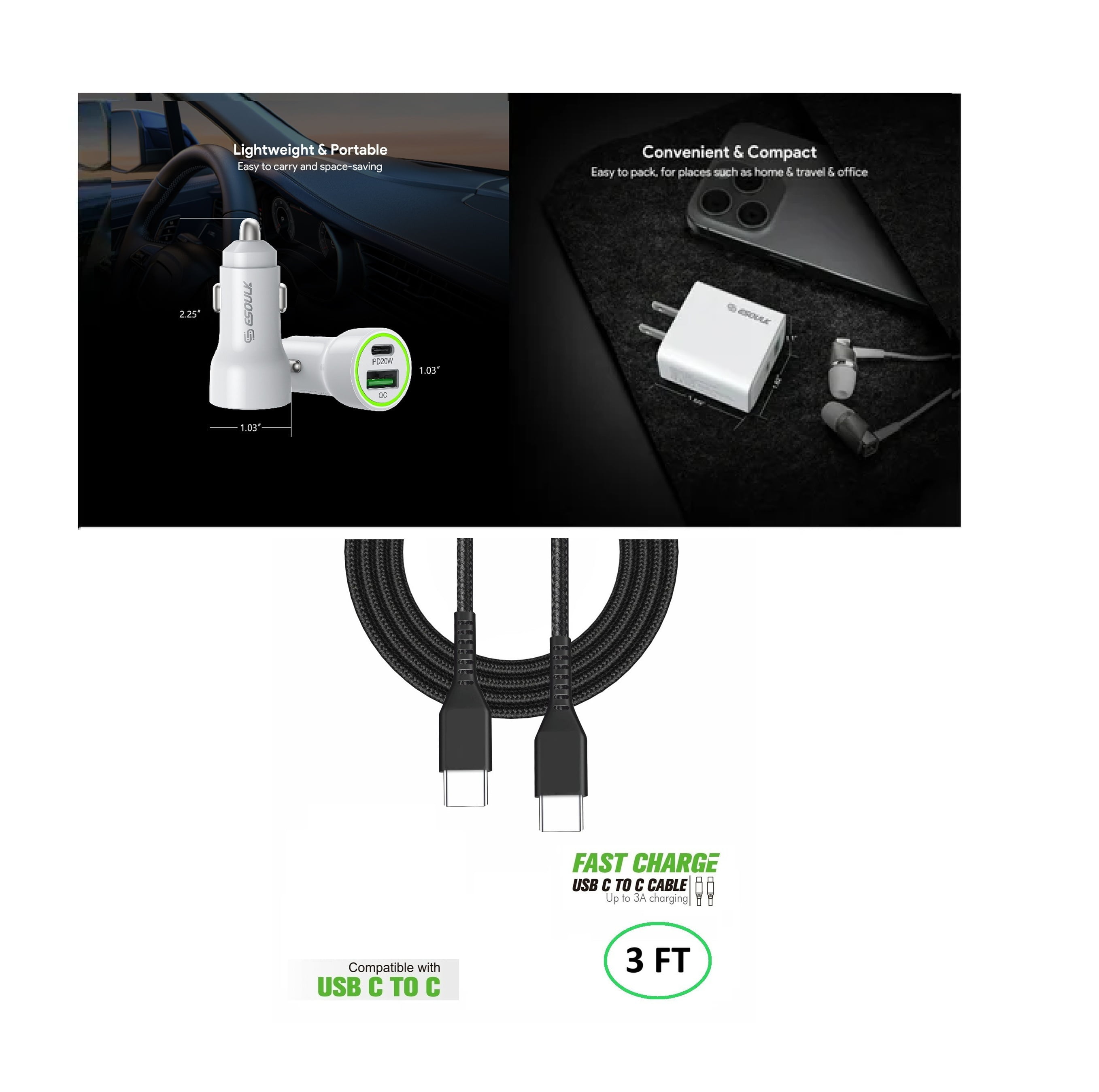 Compatible For Apple iPhone 17e 20W Car Charger Plus 20W Wall Charger with 2X C to C USB Cable Combo