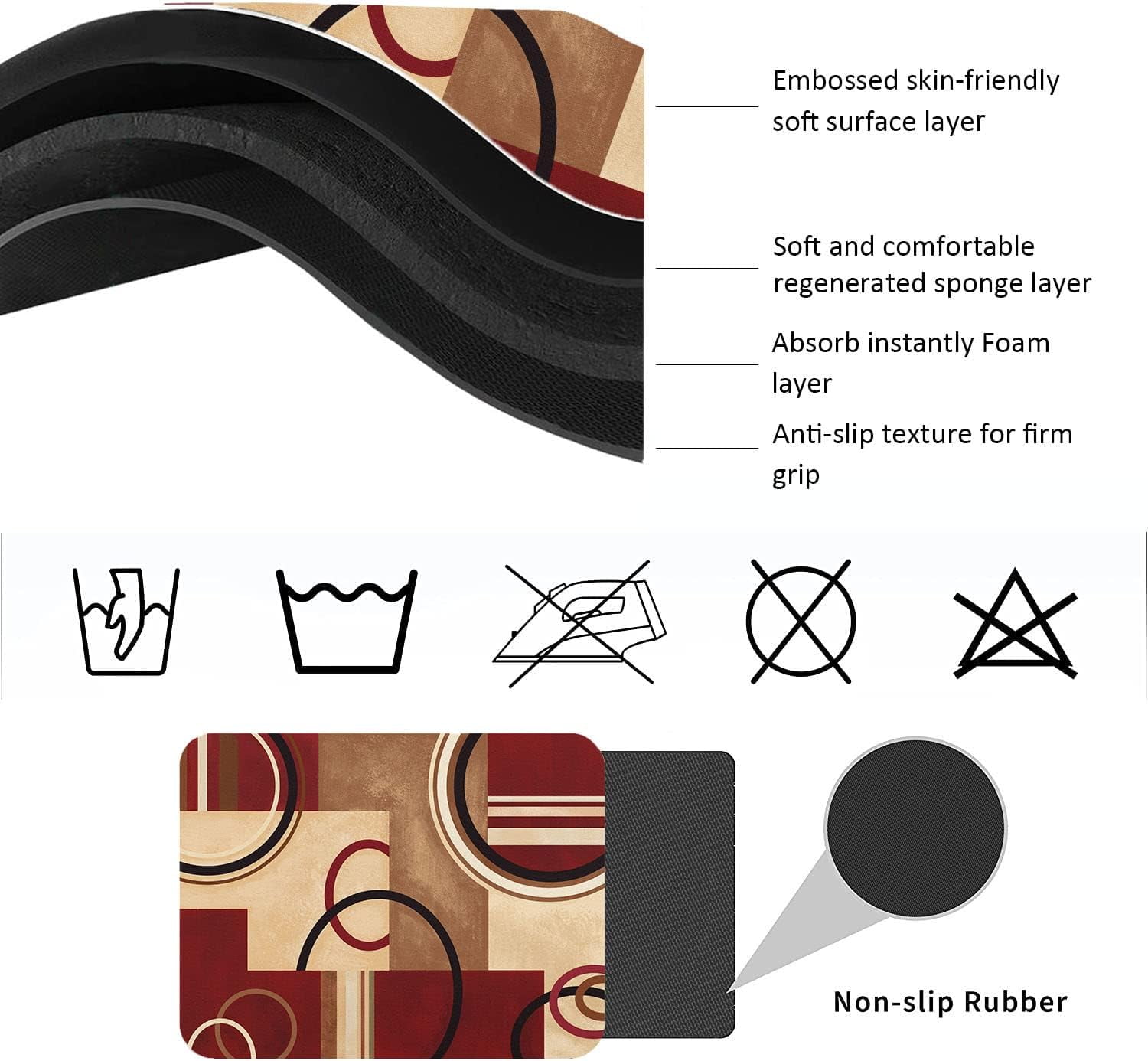 Washable Rubber Abstract Arcs and Shapes Red Dish Drying Mats for Kitchen Counter Home Large Coffee Bar Pad Accessories and Decor for Utensils Stemware 18''''x24''''