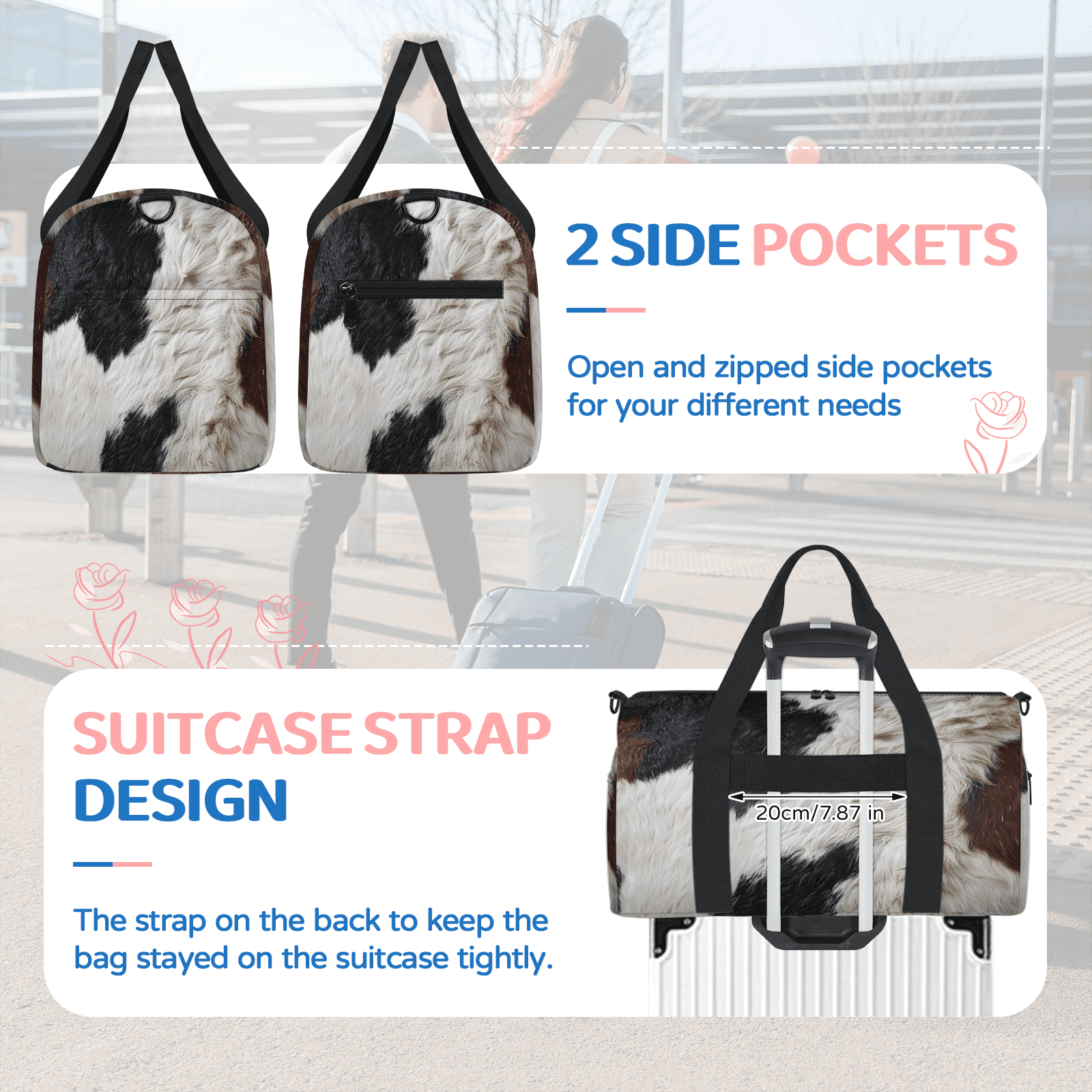 Herdesigns Western Cow Print Gym Bag for Women, Duffle Bag for Travel Sport, Lightweight Waterproof Carry on Weekender Overnight Dance Yoga Workout Bags