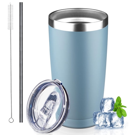 20 oz Tumbler with Lids and Straws, Stainless Steel Insulated Coffee Tumbler, Double Wall Vacuum Insulated Travel Mug Cup, Leakproof Thermal Coffee Cup for Hot and Cold Drinks (azure blue)
